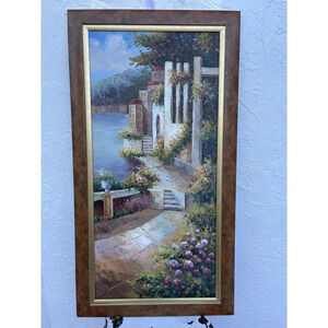 High Rise Bay Garden Painting Unknown Artist No Signature Wood Frame 45x25"